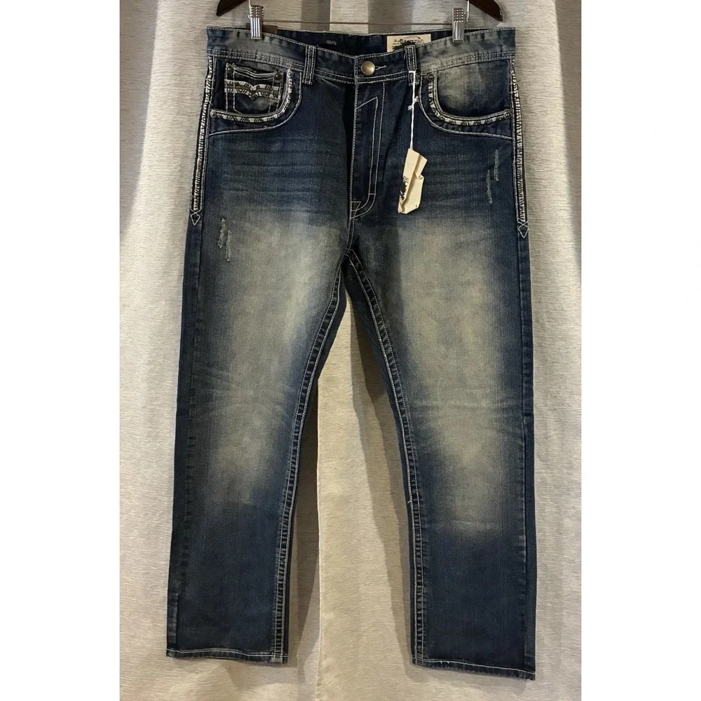GS-115 Jeans Mens 36 Blue Premium Straight Leg Contrast Stitch Streetwear Denim